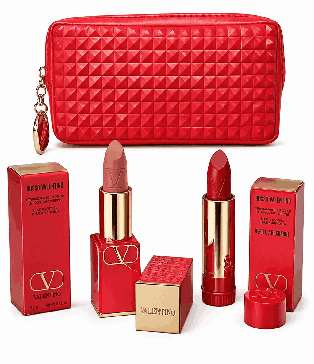 Valentino Rosso Lipstick Set 123R Matte 22R Satin Refill & Red Geometric Pouch