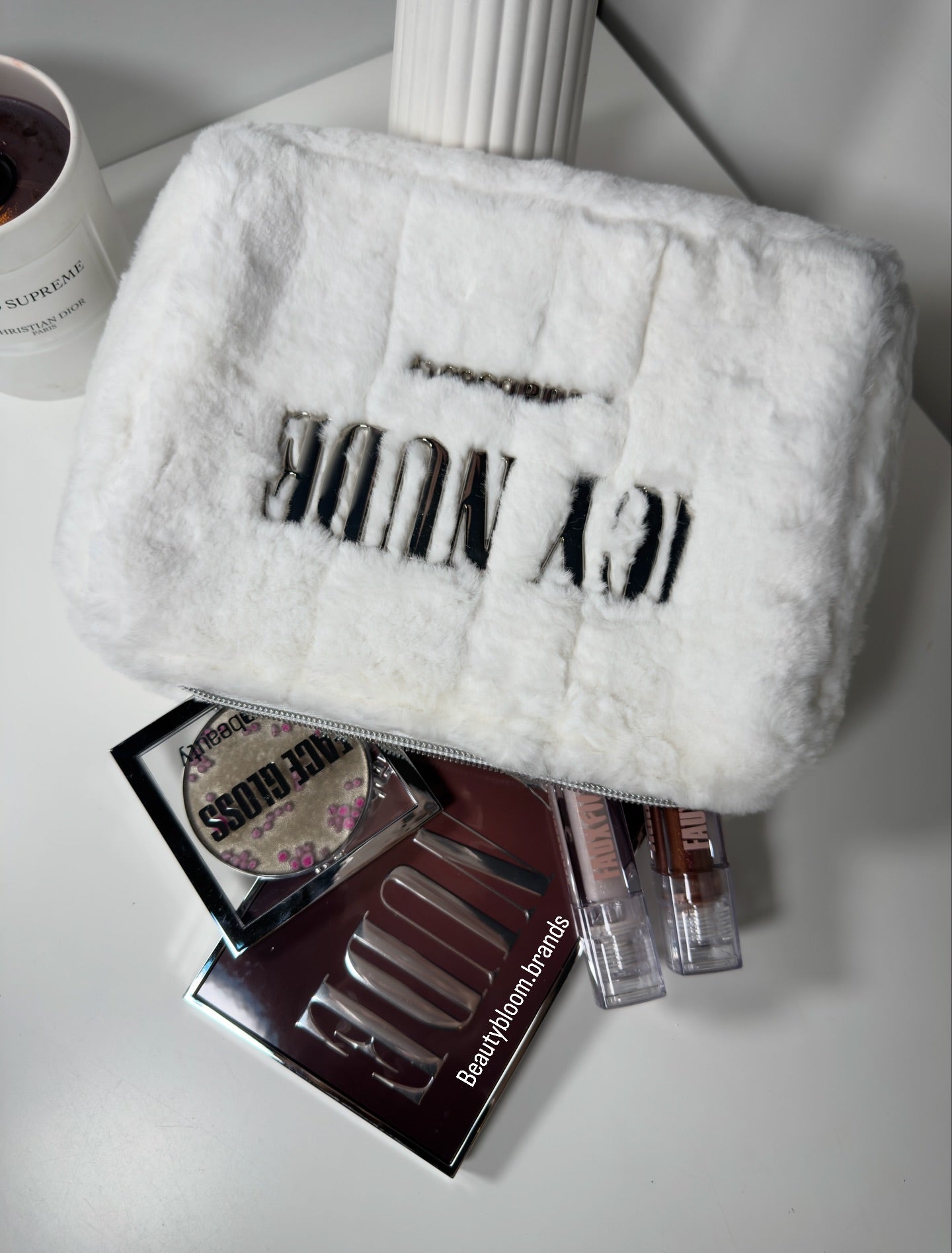 Huda Beauty Icy Nude Fuzzy Makeup Bag