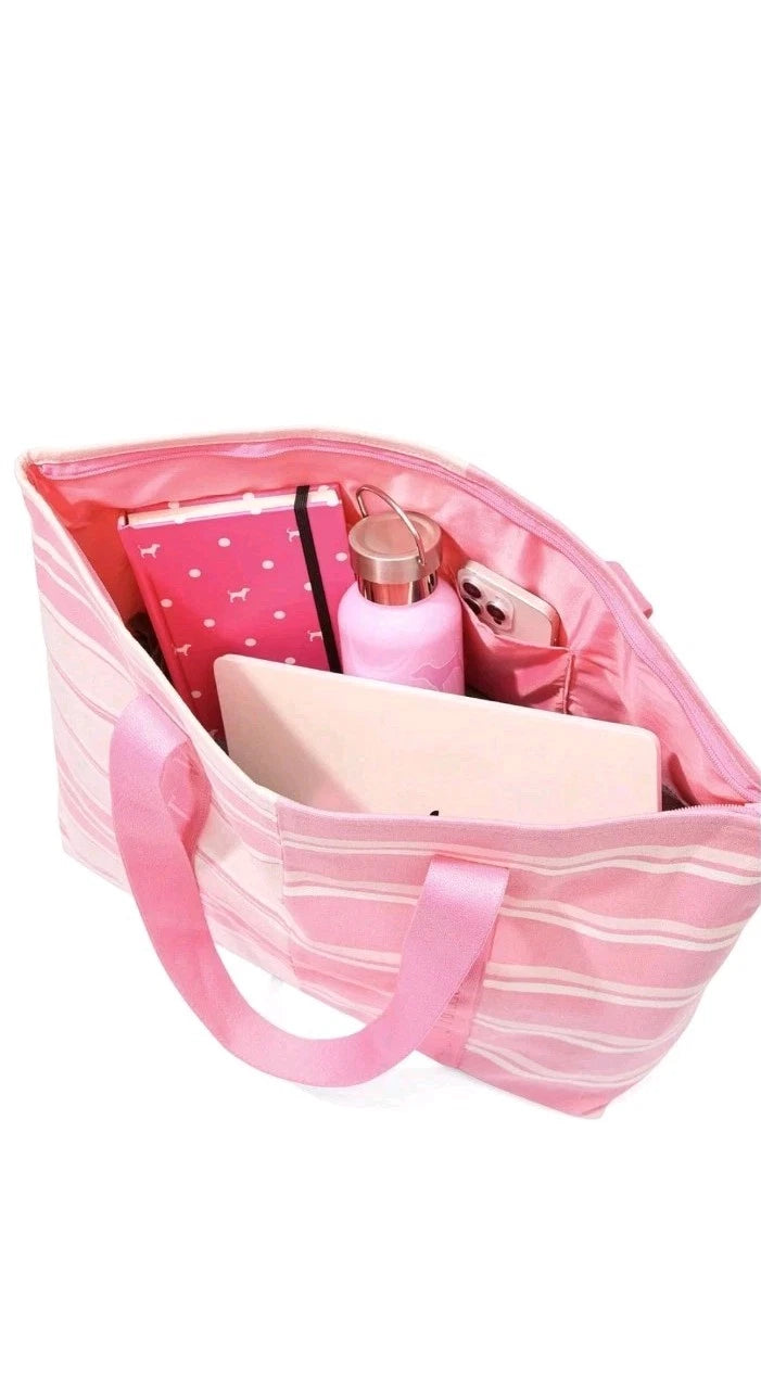 Victoria's Secret Stripe Pink Canvas Tote Bag