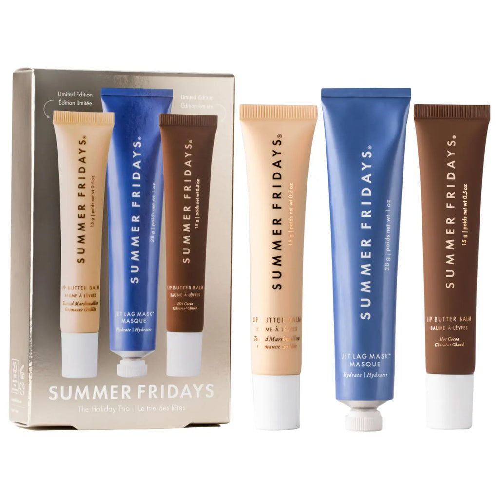 مجموعة Summer Fridays الثلاثية للعطلات مع مرطب شفاه بنكهة الكاكاو الساخن والمارشميلو المحمص