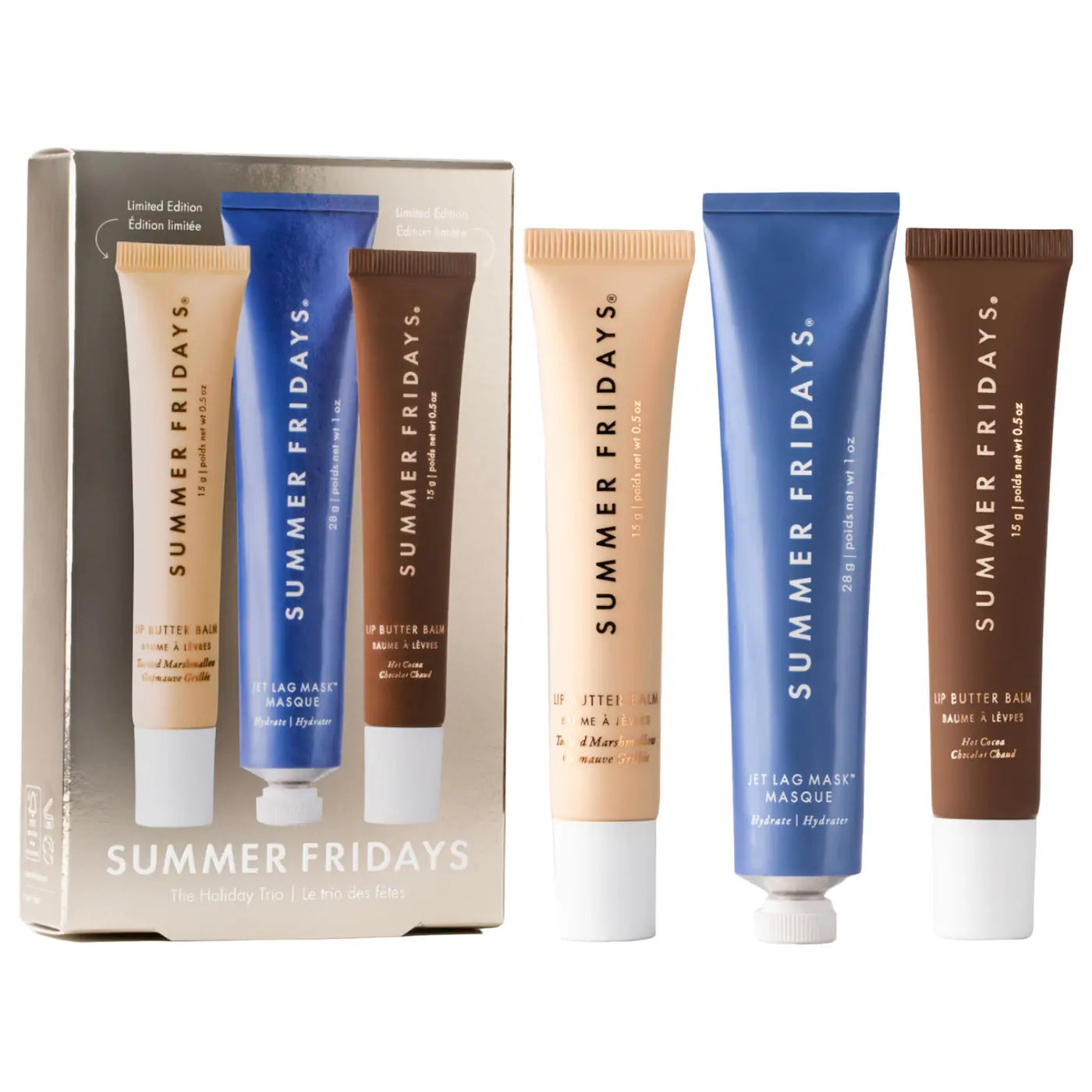 مجموعة Summer Fridays الثلاثية للعطلات مع مرطب شفاه بنكهة الكاكاو الساخن والمارشميلو المحمص